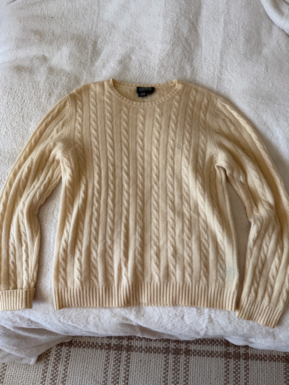 100% cashmere Lauren Ralph Lauren Cable-Knit Crewneck Sweater in butter yellow